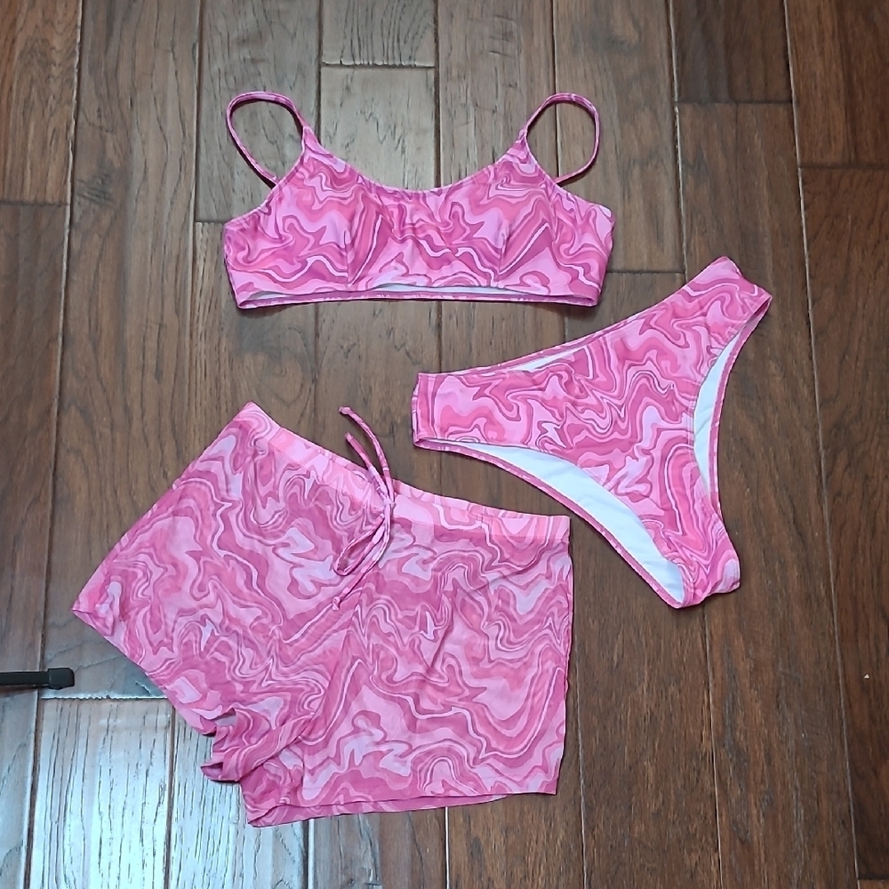 Pink Marbled Swirl Bikini Set with Sheer Shorts size Large